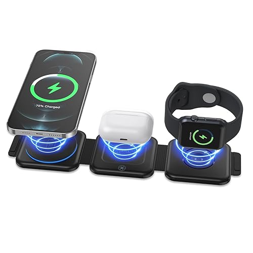 Ankilo 3 in 1 Magnetic Foldable Wireless Charger, Wireless Charging Station for Travel, Compatible with iPhone 14/Pro/Max/13/12, Apple Watch, AirPods Pro, Black