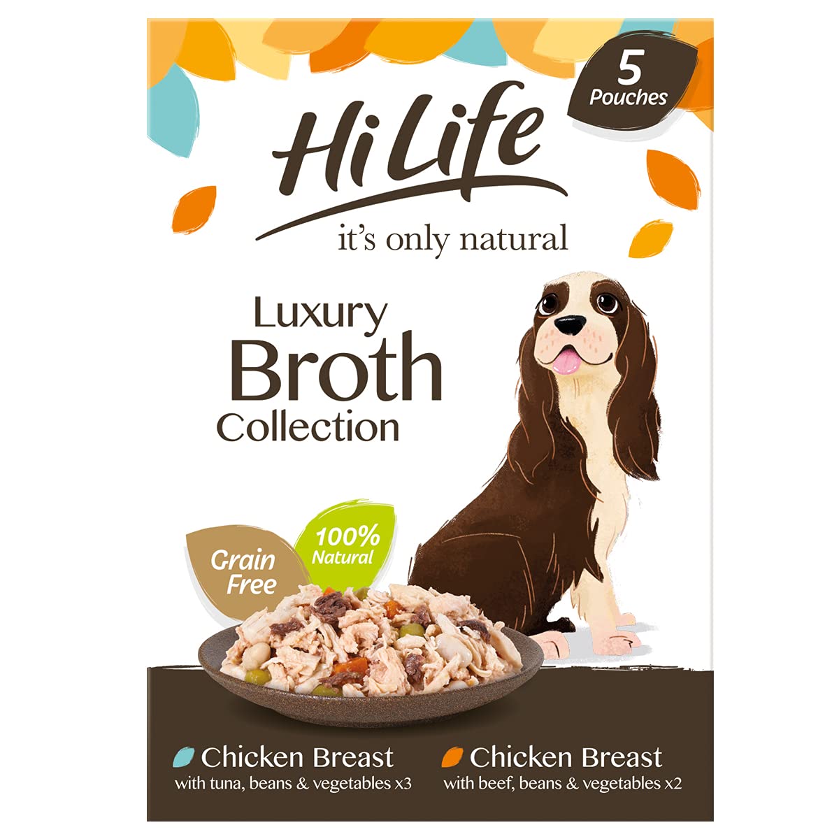 HILIFE it's only natural - Wet Dog Food - The Luxury Broth Collection Chicken Breast, Beef, Tuna, Beans, Vegetables - 100% Natural Grain Free, 15 Pouches x 100g