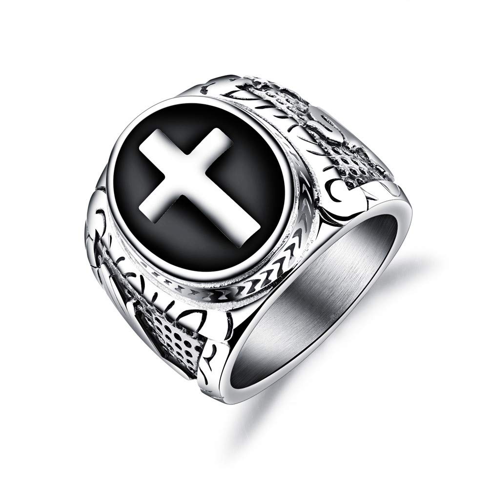 OIDEA Christian Cross Prayer Engagement Ring Stainless Steel Silver Black,Choice Size