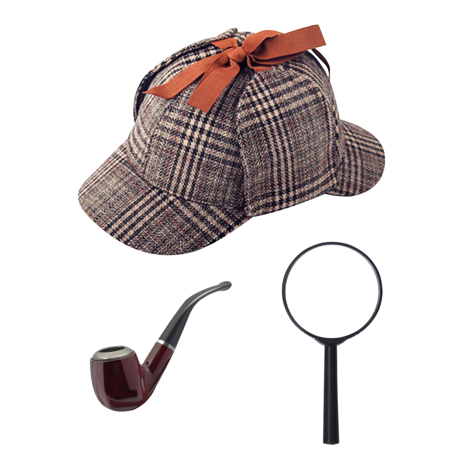 NAUZE 3 Pcs Detective Fancy Dress Accessory Set Magnifying Glass Pipe Deerstalker Hat Victorian Detective Sherlock Costume Kit for Halloween Party Accessories