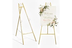 GRENTY 57.5" Gold Easel Stand for Wedding Sign – 4 Adjustable Height Levels, Assembly Required, Heavy Duty Metal Display Stand for Art, Welcome Signs, Posters, Pictures, Paintings, and Floor Décor