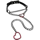 paloli Vegan Leather Choker Necklace with Heart Chain – Adjustable Strap Punk Gothic Collar with Cute Heart Metal O-Rings, Stylish Jewelry for Women