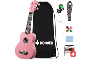 Donner Soprano Ukulele for Beginners 21 Inch Ukelele Starter Bundle Kit with Free Online Lessons Bag Strap String Tuner Picks Cloth Ukalalee Yukalalee (Pink)