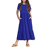 Batermoon Girls Short Sleeve Dress Casual A-Line Flowy Tiered Beach Maxi Dress with Pockcets