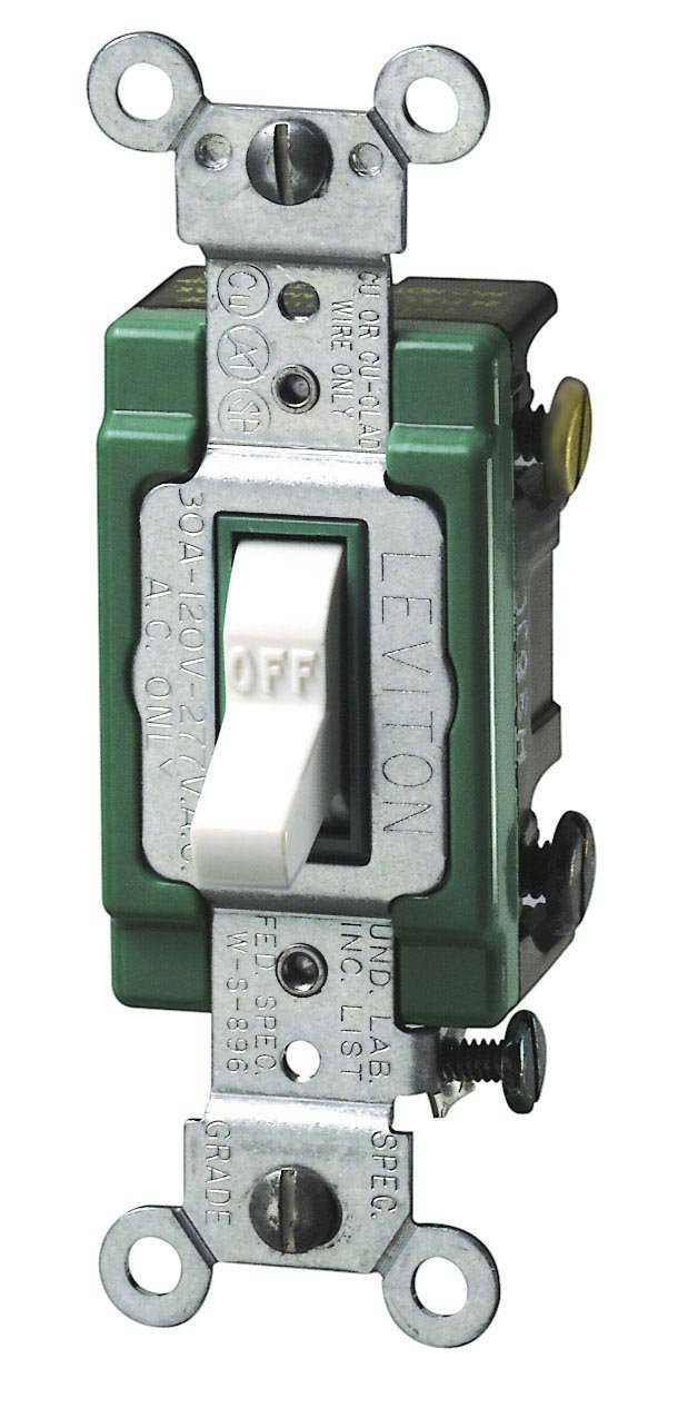 Photo 1 of Leviton 30 Amp, 120/277 Volt, Toggle Double-Pole AC Quiet Switch, Extra Heavy Duty Spec Grade, Self Grounding, Back and Side Wired, 3032-2W, White