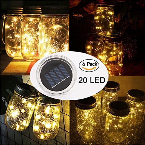 6 Pack Solar Jar Lids for Mason Jars with 20 LED Fairy String Lights(Jars &amp; Handles Not Included), Fit for Patio, Yard, Garden, Party, Wedding, Christmas Decor (6, Warm White-20LED)