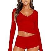 Dressmine Sexy Pajamas Set for Women Spring Pj Lounge Sets 2 Piece Cute Sleepwear Long Sleeve V Neck Y2K Tops Shorts