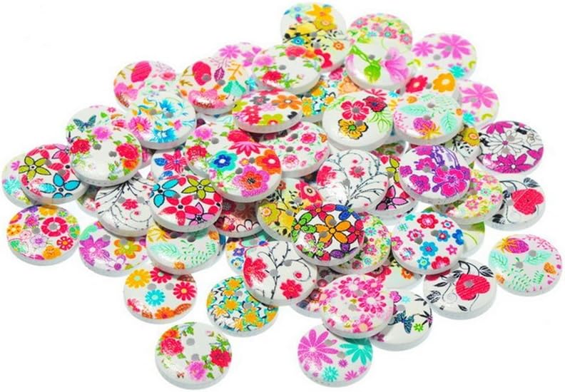 Dosige 100 PCS Wood Buttons Painted Color Round Buttons with Flower Pattern for Sewing Crafting