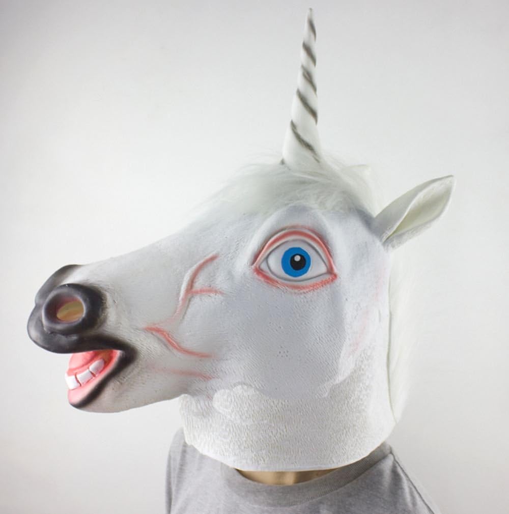 SHINE Unicorn Mask, Animal Head Costume latex Halloween/facy dress parties Mask, White, 38x29 CM