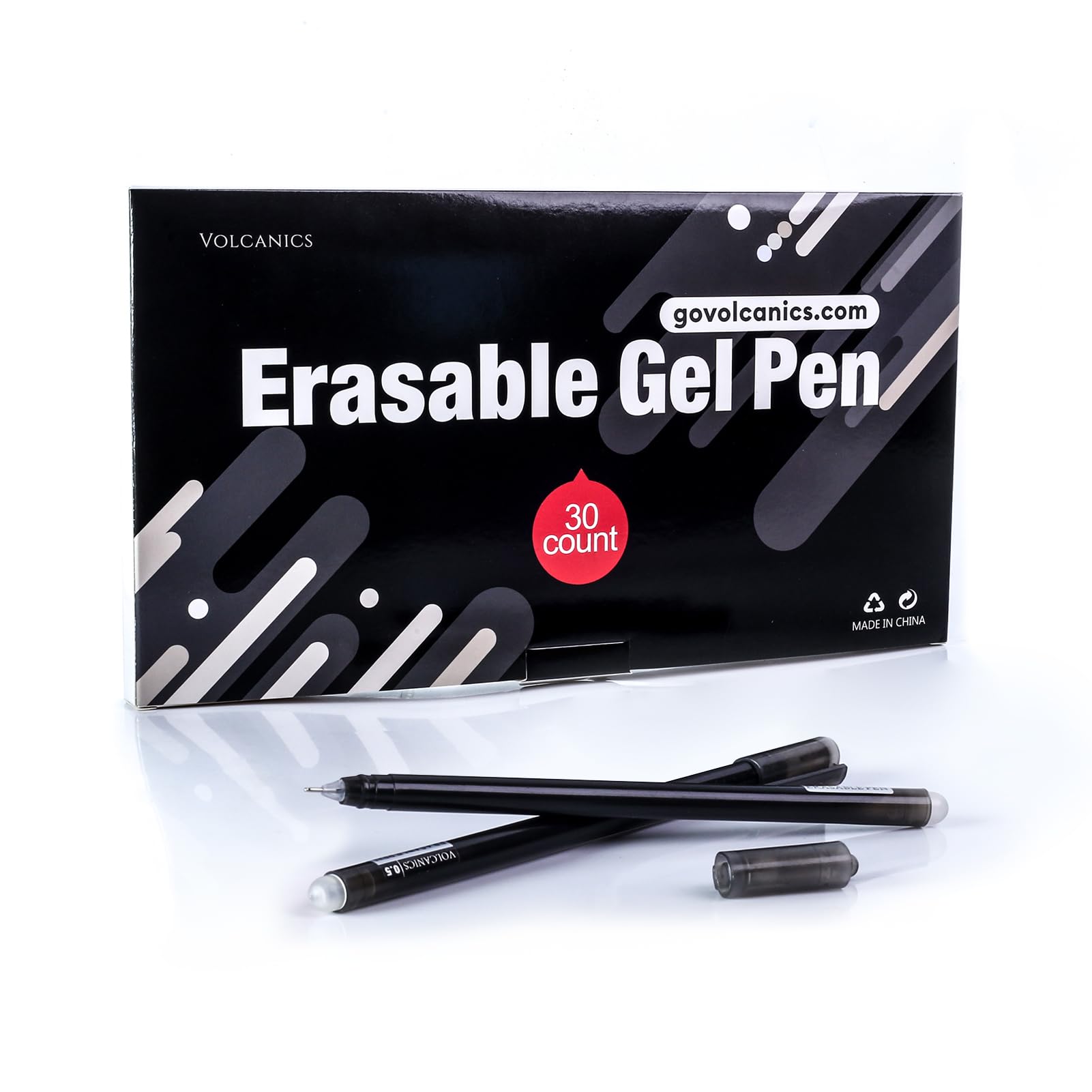 Volcanics Erasable Gel Pens 30 Pack, Black 0.5 mm Thin Pens for Notes, Smudge Free Ideal for School, Office, and Home Use Smooth Writing & Easy Erasing