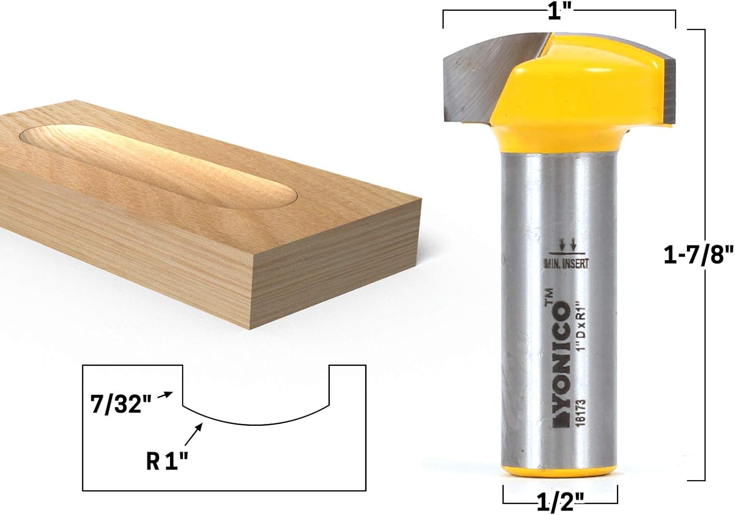 Yonico 16173 1-Inch Radius Horizontal Crown Router Bit 1/2-Inch Shank ...