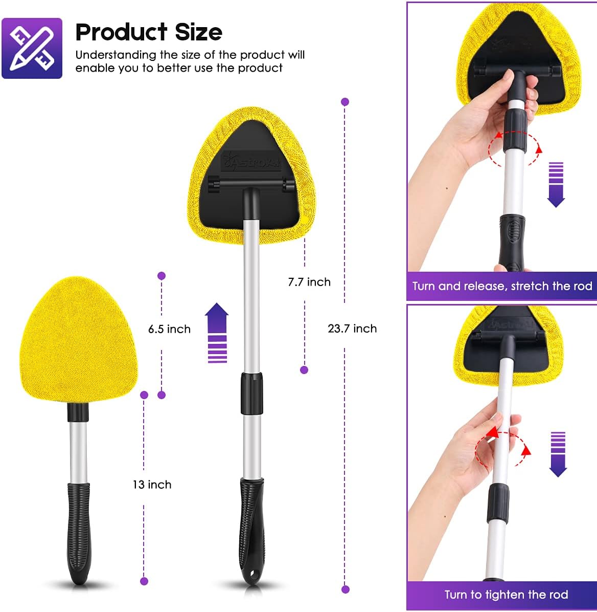 AstroAI Car Window Cleaner, 4 Reusable and Washable Microfiber Pads, Windshield Cleaning Wand Tool with Telescopic and Extendable Handle Auto Inside Glass Wiper Kit, Yellow: Automotive