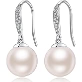 Jiamiaoi 18k White Gold Plated Pearl Earrings, 925 Sterling Silver Pearl Drop Earrings for Women, Trendy Hook Jewelry