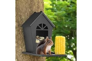 Gavinjitao Squirrel Feeders for Outside，Squirrel Feeder with Foldable Metal Front Panel Perch Funny Metal Chipmunk House Hanging Tree Boxes Easy to Refill