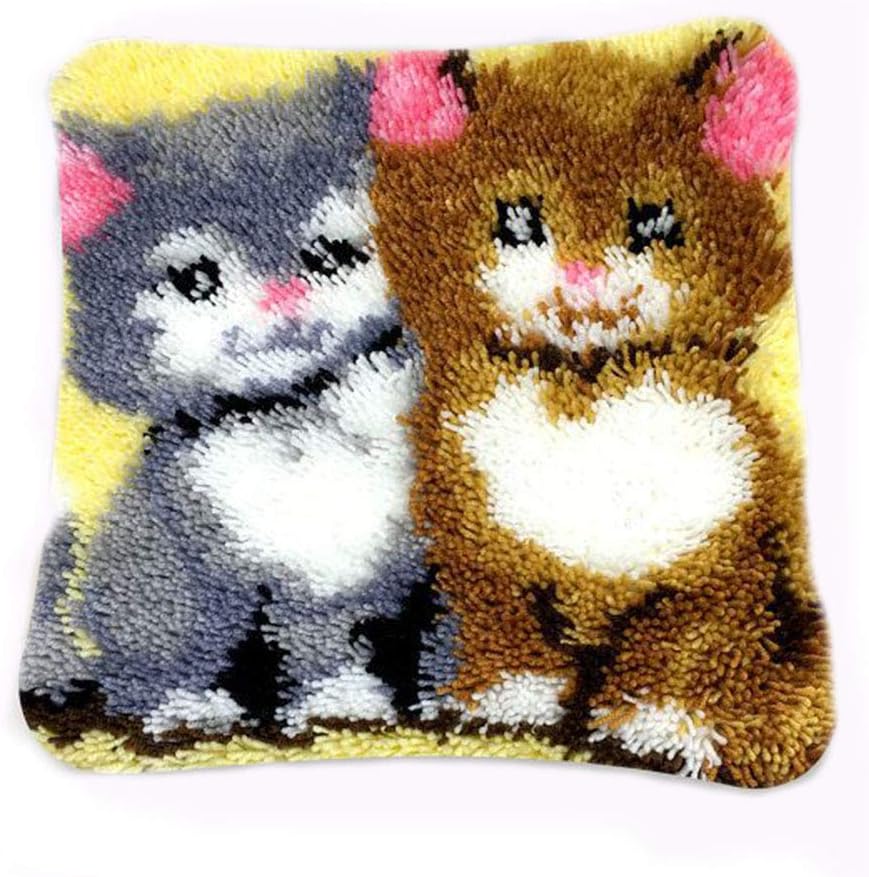DIY Cushion Carpet Floor Mat Sewing Latch Hook Kits Rug Cover Hand Craft Crocheting for Kids Parents Gift Cat 16x16"