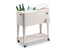 SSLine Portable Rolling Patio Cooler Ice Chest with Wheels Outdoor Cold Drink Beverage Bar Cart with Storage Shelf & Bottle Opener Home Deck Backyard Party Cooler Tub Trolley Cart