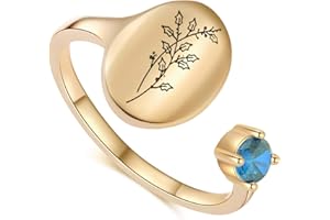 SLOONG Handmade Birth Month Flower Signet Ring 14K Gold Plated Ring Birth Stone Ring Birthday Valentine's Christmas Gift for Mom Daughter Girlfriend Wife