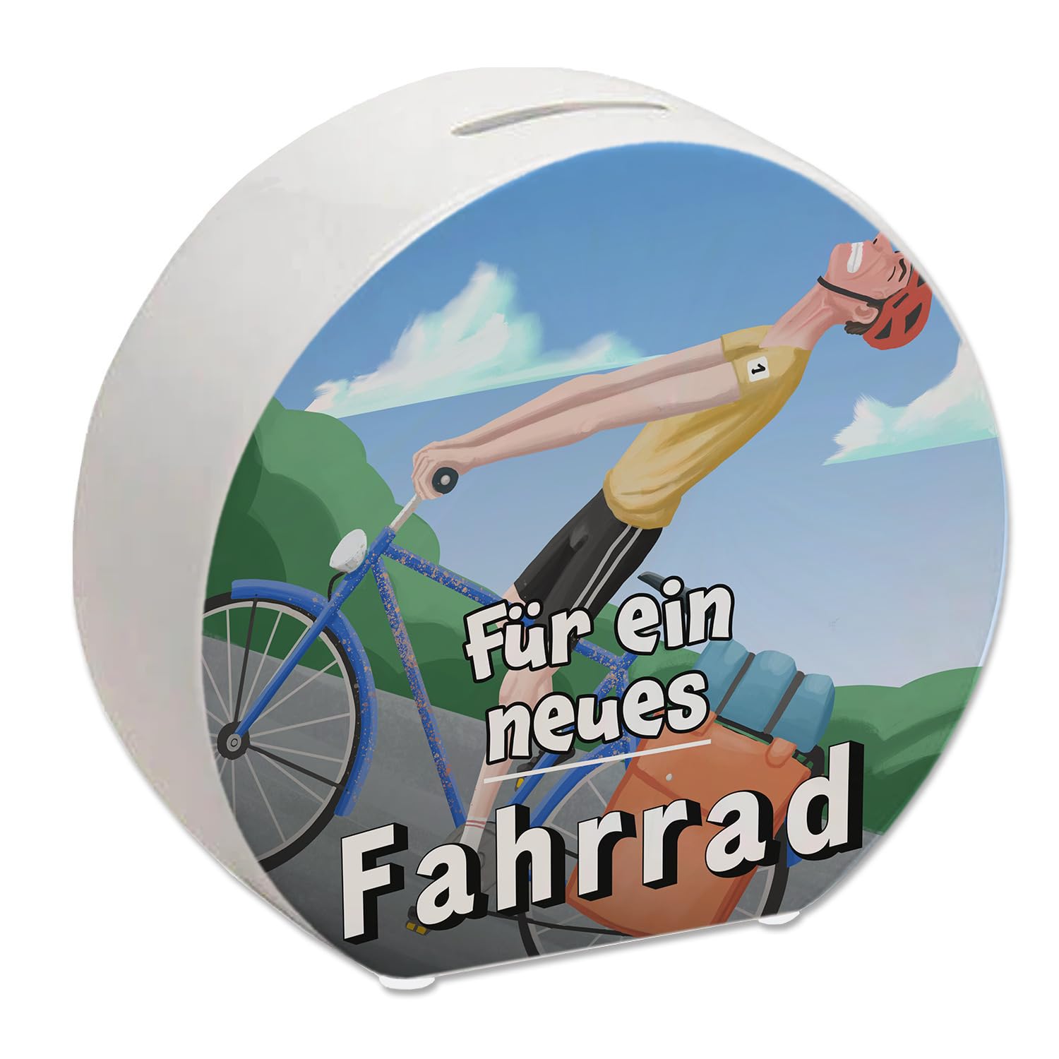 Money box with funny cyclist and text – for a new bike as a gift for cyclists who want to buy a new bike and have to save some money