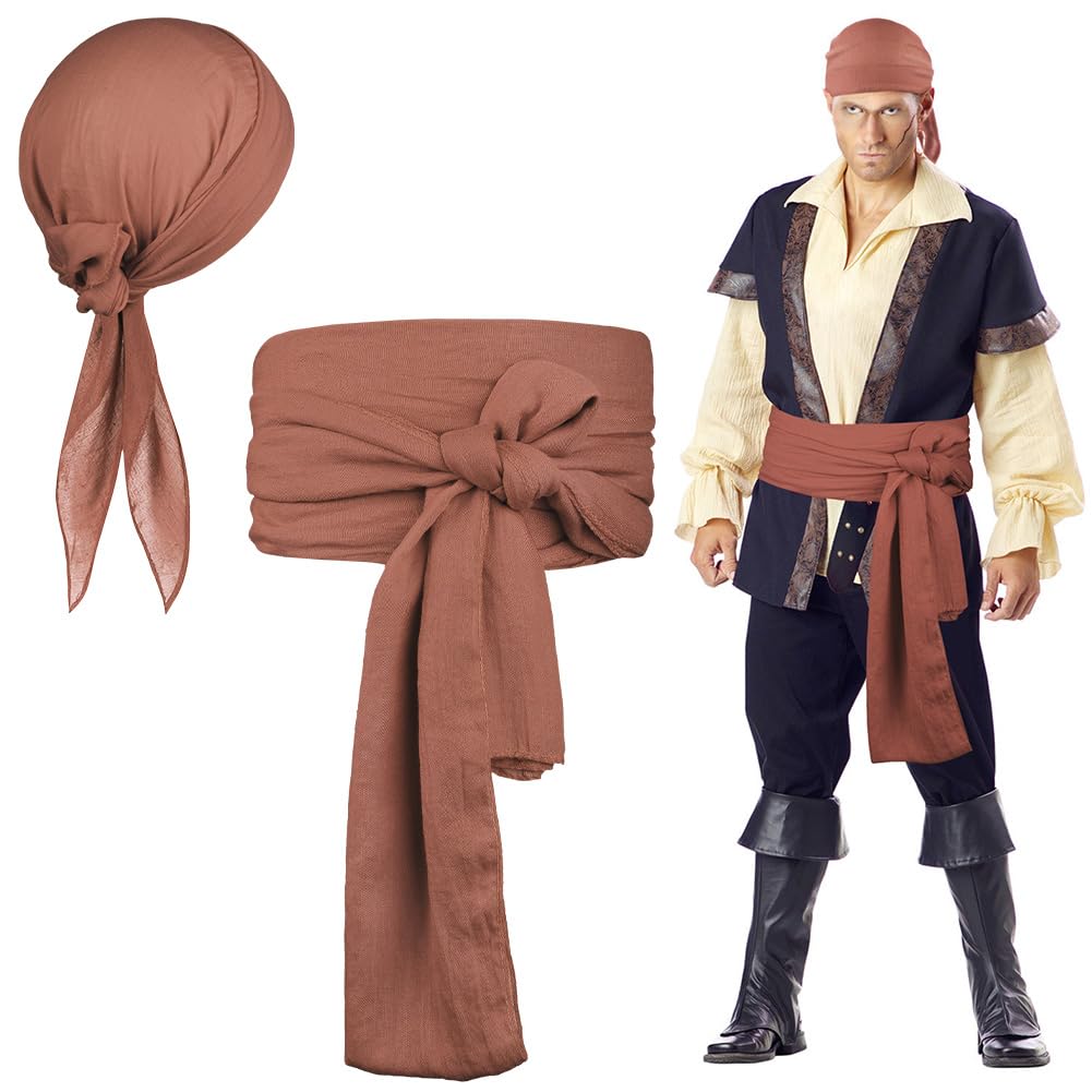 Alaoo 2 Pcs Pirate Costume Accessories Sets, Pirate Captain Accessories with Bandana Sash Belt, Medieval Renaissance Corsair Costume for Halloween Corsair Party, Dark Brown โ image 1