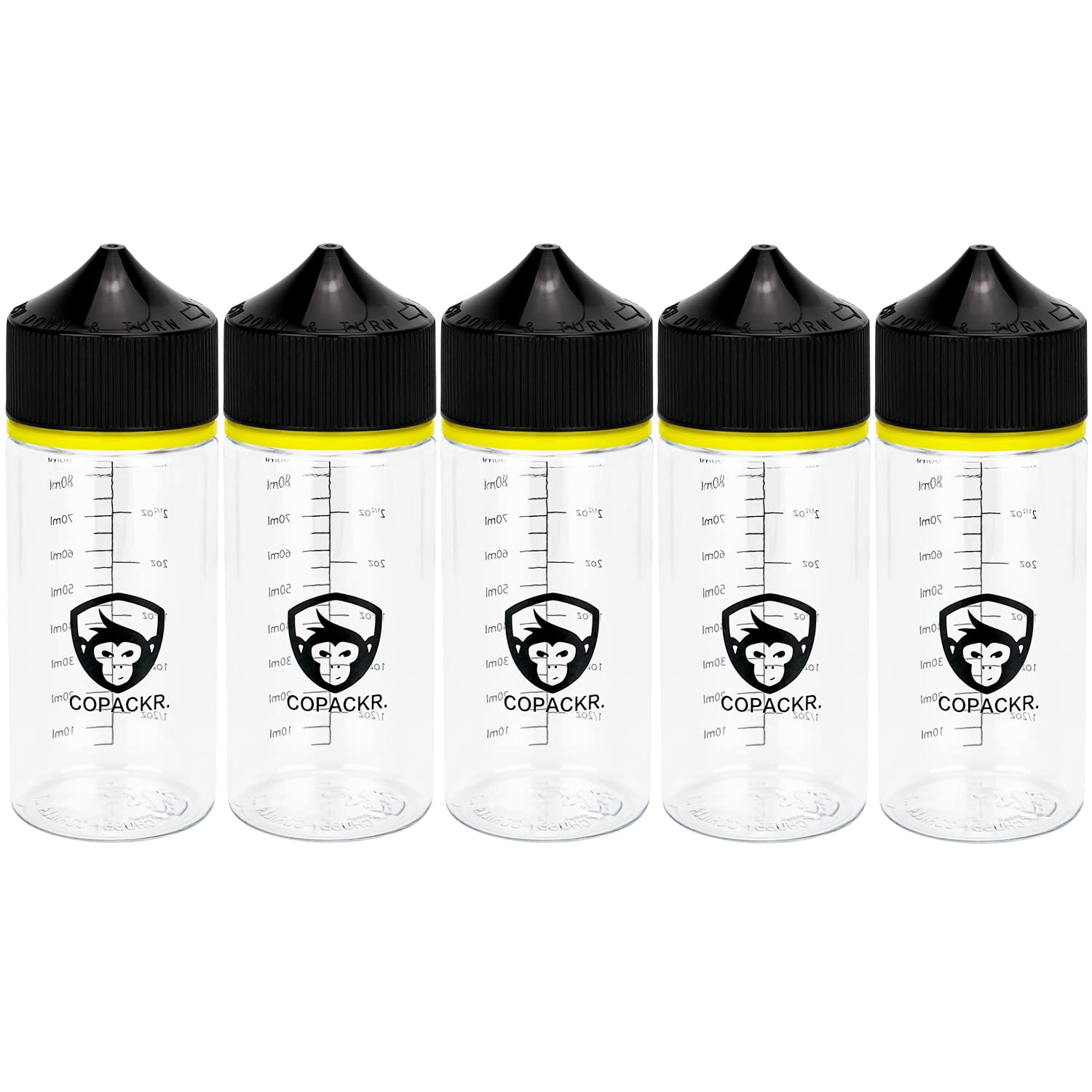 Copackr Chubby Gorilla V3 dropper bottles, plastic bottles with measure for oil, ink and/ or chemicals, perfect for travel, liquid bottles, with child safe cap, set of 5 (100 ml)