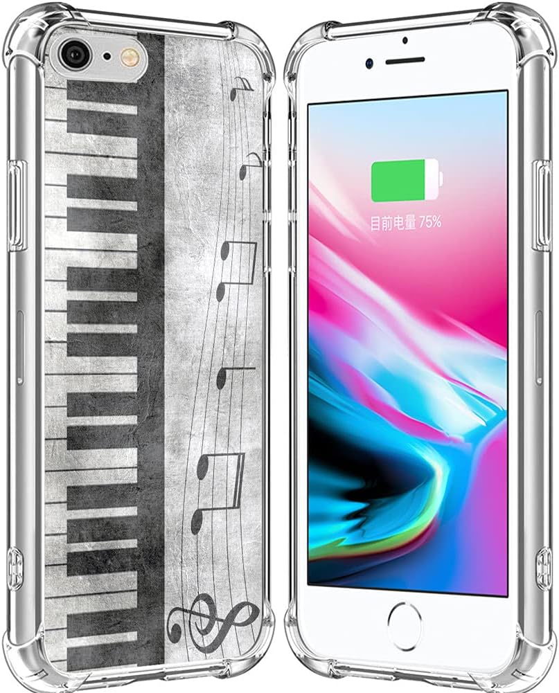 Case for iPhone 8 & 7 & SE 2020 Music/IWONE Cute Cool Rubber Durable Protective Skin Transparent Cover Patterned Compatible with iPhone 7/8/SE 2 Retro Musical Piano Music Note Design