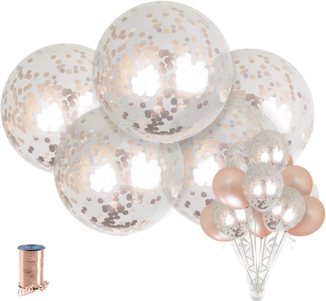 SHIMMER & CONFETTI 15 Pack Large Rose Gold Confetti Balloons. 5 Pieces 36-inch Confetti-Filled Balloons, 5 12-inch Confetti Balloons, 5 Metallic Balloons for Christmas, Birthday Party, Bridal Shower