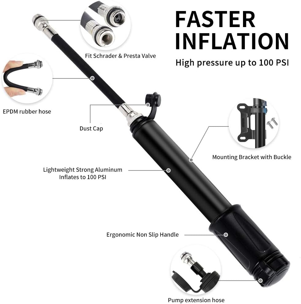 Mempedont Portable Mini Bicycle Pump, Pump Bike, Bike Pumps with Glueless Puncture Repair & Mount Kit, Fits Presta & Schrader for Road, Mountain & BMX Bikes, 100 PSI High Pressure, Fast Tire Inflation : Sports & Outdoors