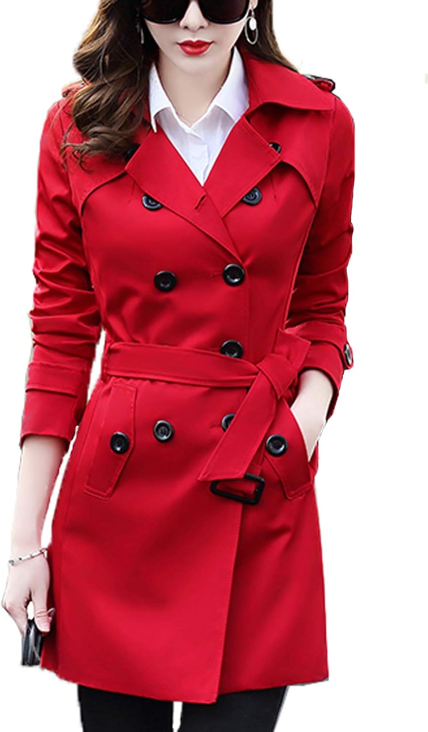 FARVALUE Women's Double Breasted Trench Coat Classic Belted Lapel Overcoat: Clothing