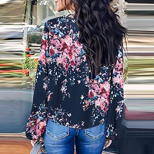Womens Floral V Neck Tie Knot Front Blouses Bat Wing Short Sleeve Chiffon Tops Shirts Navy