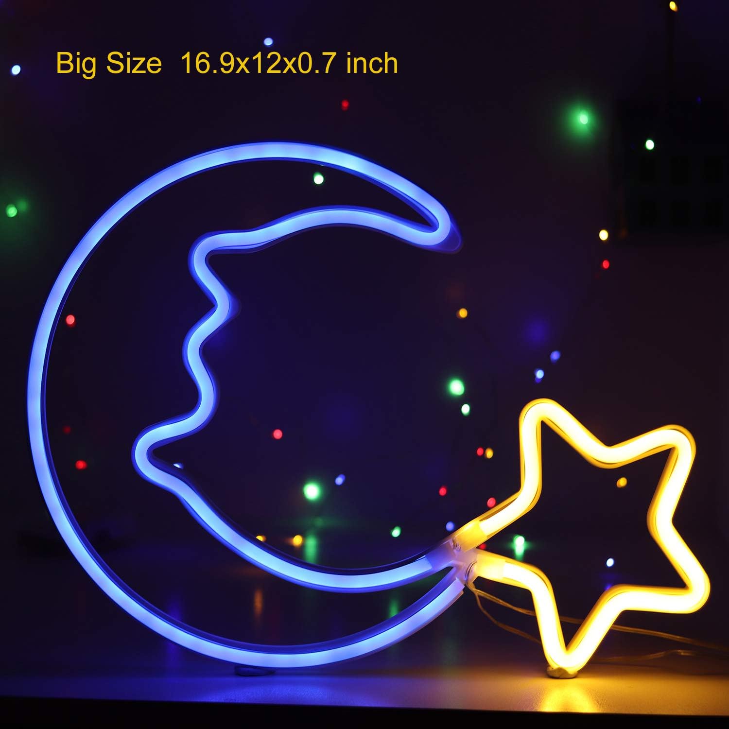 Neon Light Sign Blue Moon Star Neon Night Light for Kids' Bedroom Wall Art LED Decorative Lights for Home USB Powered LED Crescent Moon Neon Christmas Birthday Gift(NEMBSWW)