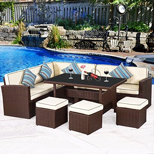 Cloud Mountain 7 PC Patio Wicker Rattan Dining Set Outdoor Garden Lawn Conversation Furniture Set Sofa Sectional Cushioned Seat Aluminum Top Table, Brown Rattan with Creamy White Cushions
