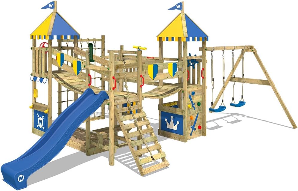 WICKEY Parque infantil de madera Smart Queen con columpio y tobogán azul, Torre de escalada da exterior con arenero y escalera para niños