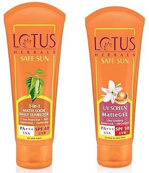 Lotus Herbals Safe Sun 3-In-1 Matte Look Daily Sunblock, SPF 40, 100g and Lotus Herbals Safe Sun UV Screen Matte Gel, SPF 50, 100g