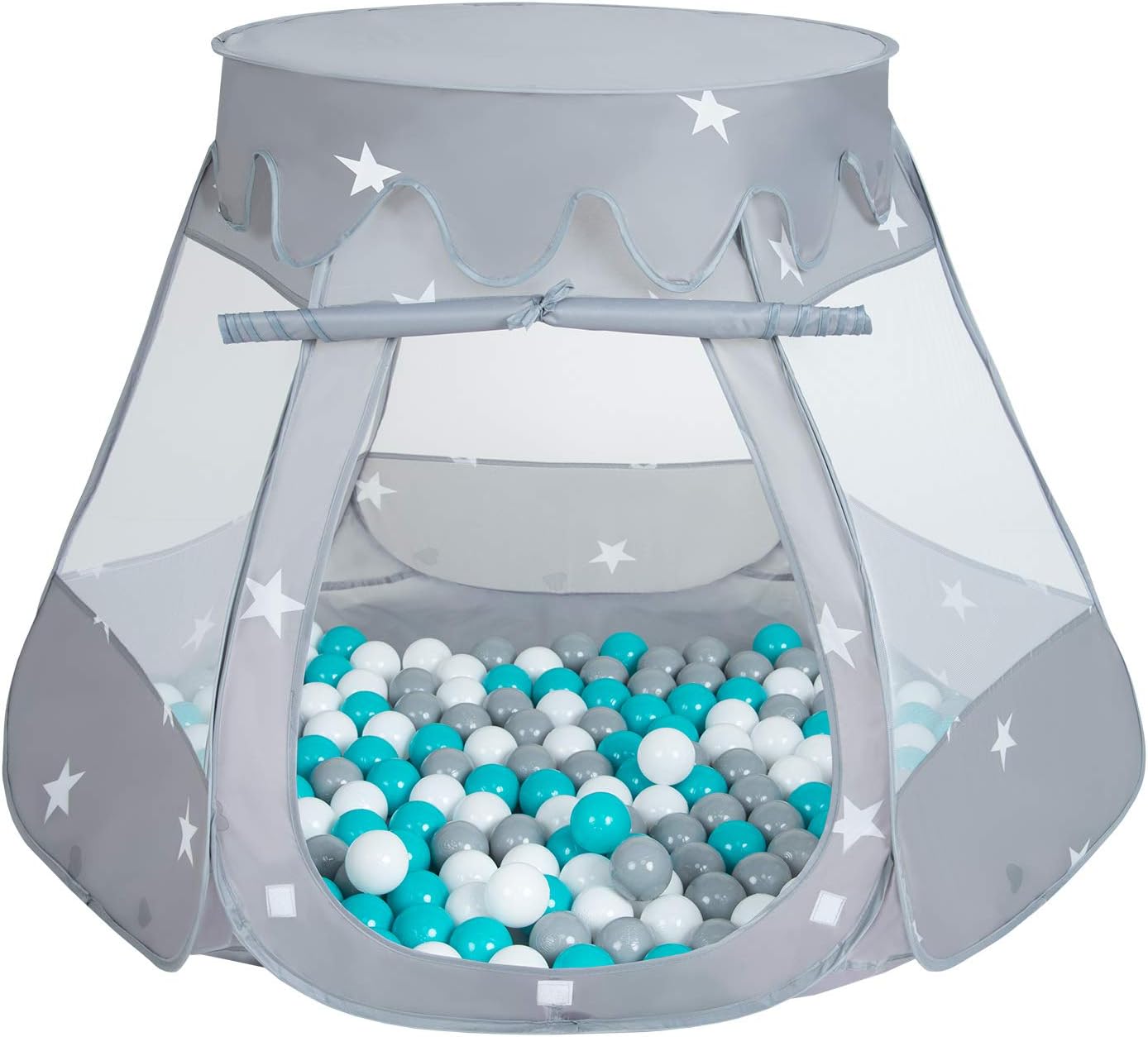 Selonis Tienda 105X90cm/100Bolas De Campaña/Castilo Plegable Con Bolas Certificadas 6Cm Para Niños, Gris:Gris-Blanco-Turquesa