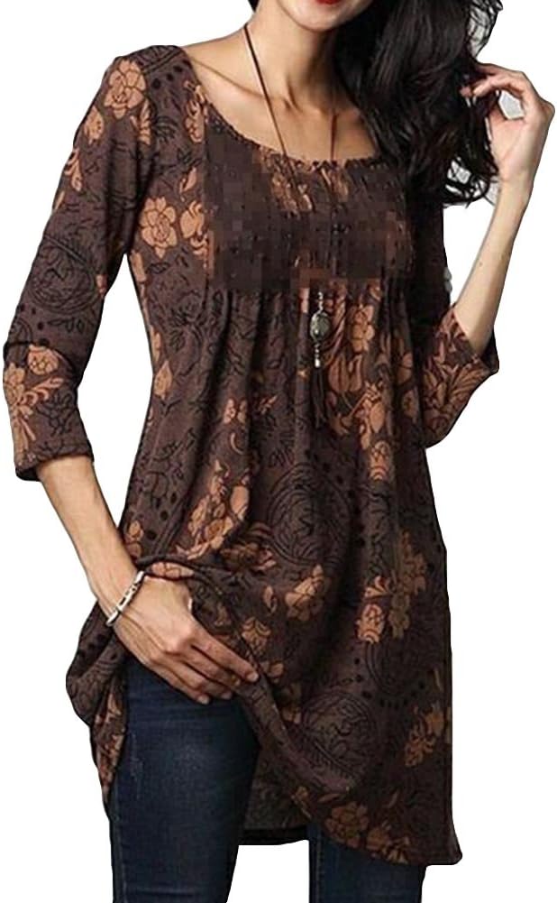 Juqilu Ladies Blouse Shirt Casual Loose Floral Printed Round Neck Oversize Jersey Tunic Womens Tops Dress Brown L