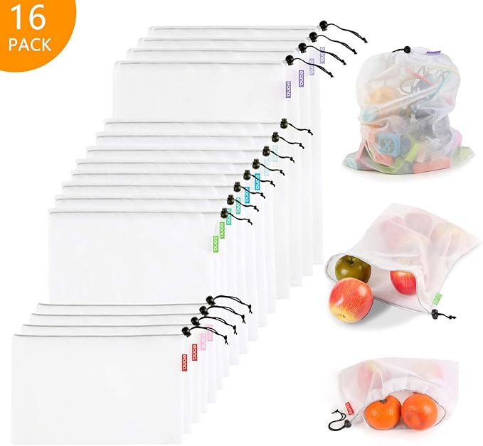 Eono by Amazon - Bolsas Compra Reutilizables Ecológicas Bolsa de Malla para Almacenamiento Fruta Verduras Juguetes Lavable y Transpirable,16 Set (4L+8M+4S)