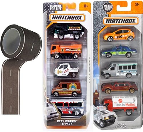 City Works Matchbox 10 Pack &amp; Road tape Black &amp; White Roll City Collection Tow Truck / City Bus / Cabs / Meter Made / Mail delivery / Sanitation / Food Vendor vehicles