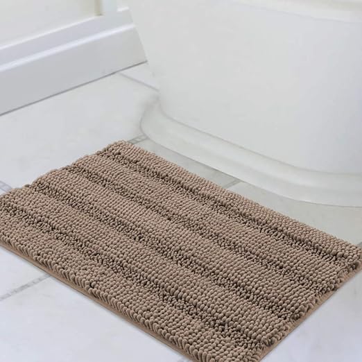 Amazon Com Bath Rugs Ultra Thick And Soft Texture Bath Mat Chenille Plush Striped Floor Mats Hand Tufted Bath Rug With Non Slip Backing Door Mat For Kitchen Entryway Taupe Brown 20 X 32