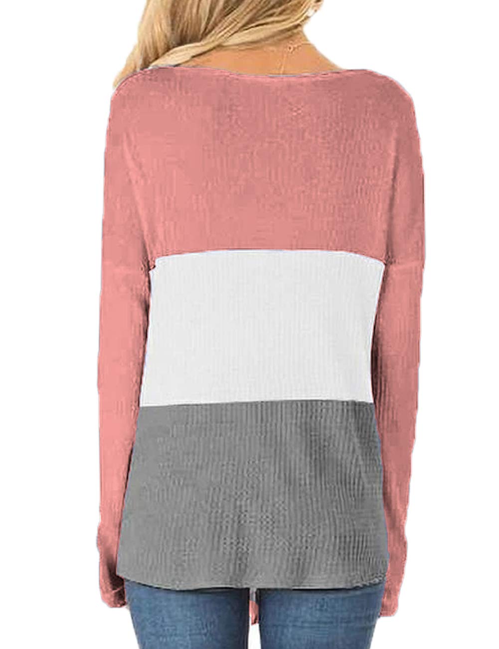 Ido4U Women\'s Long Sleeve Sweater Color Block Casual V Neck Waffle Knit Twist Blouses Tops (S,Pink)
