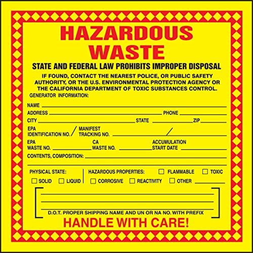 Self Adhesive Paper California Hazardous Waste Label, 15cm Height, 15cm Width