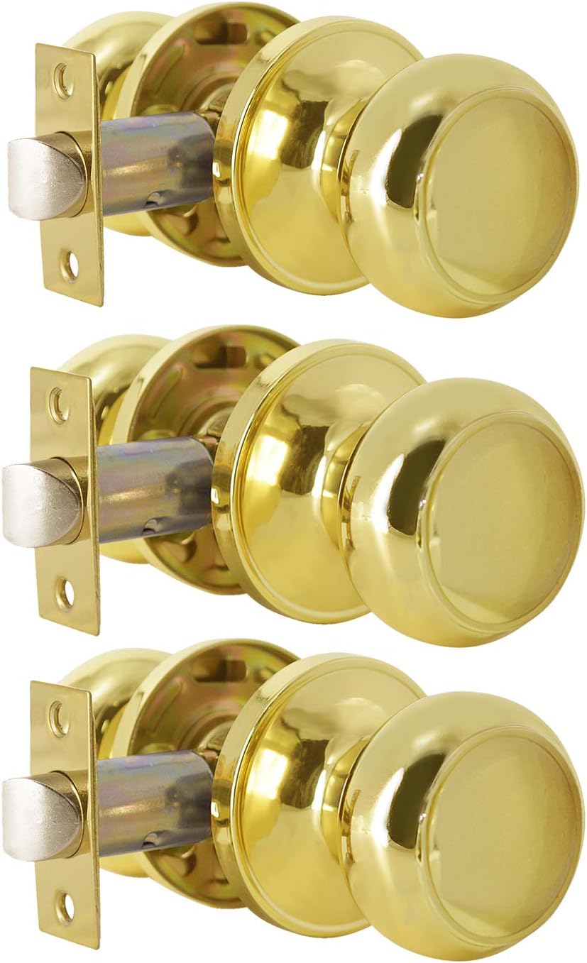 Passage Interior Door Knob with Lock Sets Interior Door Handle for Closet Polished Brass Round Door Keyless Handles 3 Pack