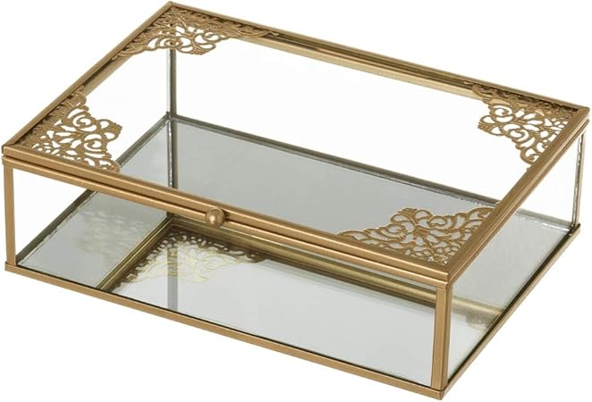 Joyero Caja de Cristal y Metal Dorada clásica, de 20x14x6 cm - LOLAhome: Amazon.es: Hogar