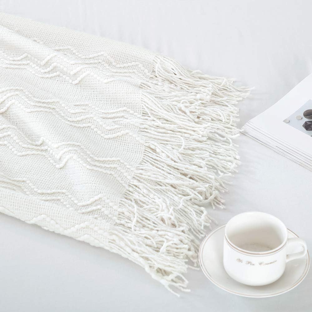 Bourina Throw Blanket Textured Solid Soft for Sofa Couch Decorative Knitted Blanket, 50" x 60",Off White: Home & Kitchen
