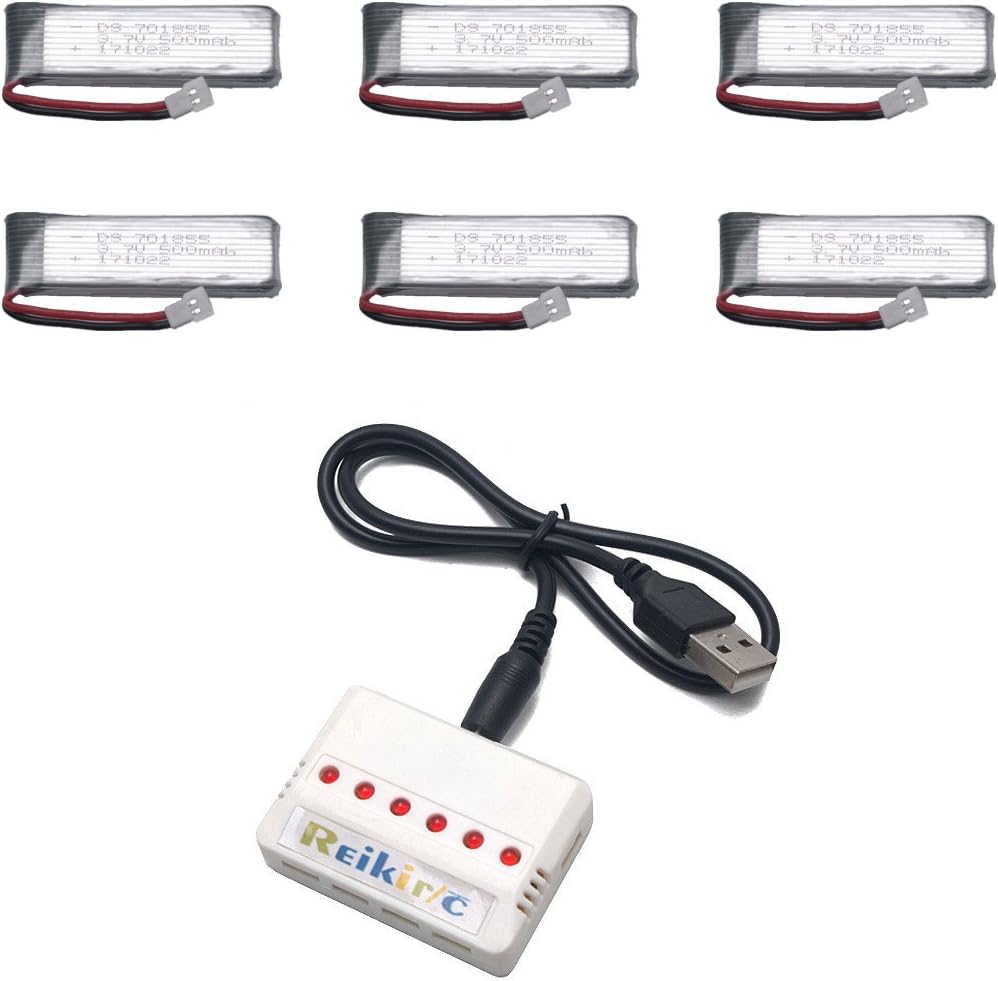 Reikirc 6pcs 3.7V 500mAh Battery and 1to6 Charger for Eachine E50 E50s JJRC H37 Drone UDI U28W U28-1 U835 Force1 u28w Wltoy V977 V959 V969 V930rc Quadcopter Drone Spare Parts