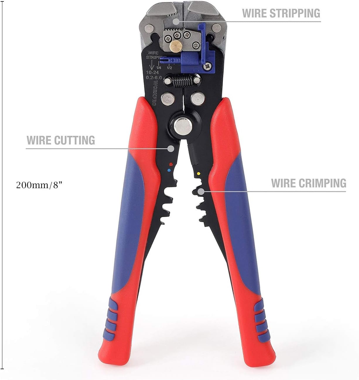 WORKPRO 200 mm Wire Strippers, 3-in-1 Automatic Stripping Pliers, Wire Cutter Pliers AWG 24-10 (0.2~6.0 mm²) Stripping Tools - Image 3