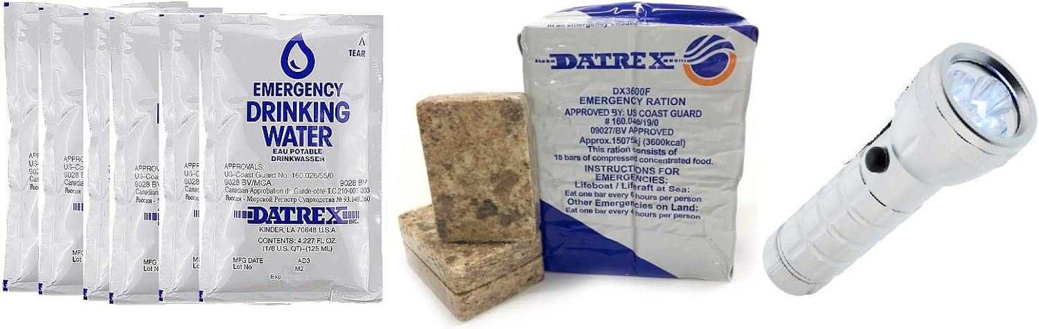 Datrex 72 Hour Camping, Outdoor, Hurricane, Tornado, Earthquake, SOS, Survival Kit - Emergency Water, Ration Bar, and Flashlight