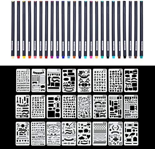 RIANCY 24 Pack Drawing Template with Fineliner Color Pens Journal Stencils Writing Drawing Pens for Journal Drawing DIY Kids Office (24 Pack Drawing Template with Fineliner Color Pens)