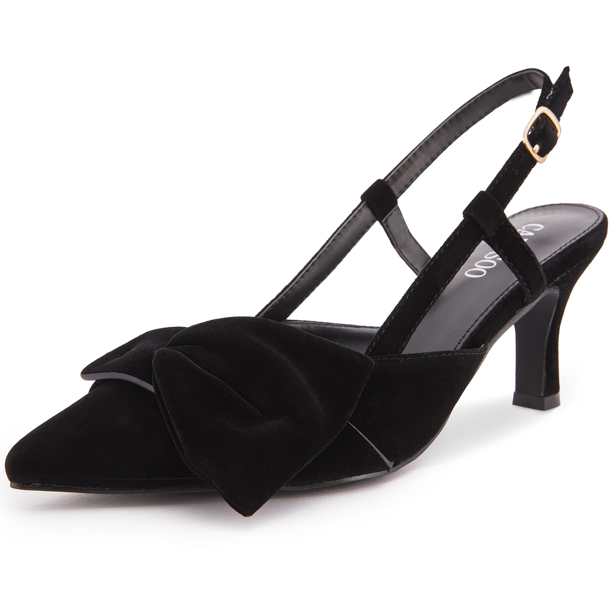 Photo 1 of CAMSSOO Women's Slingback Kitten Heels Closed Pointed Toe Suede Bow Pumps Dress Shoes Office Wedding Party Black Size 7