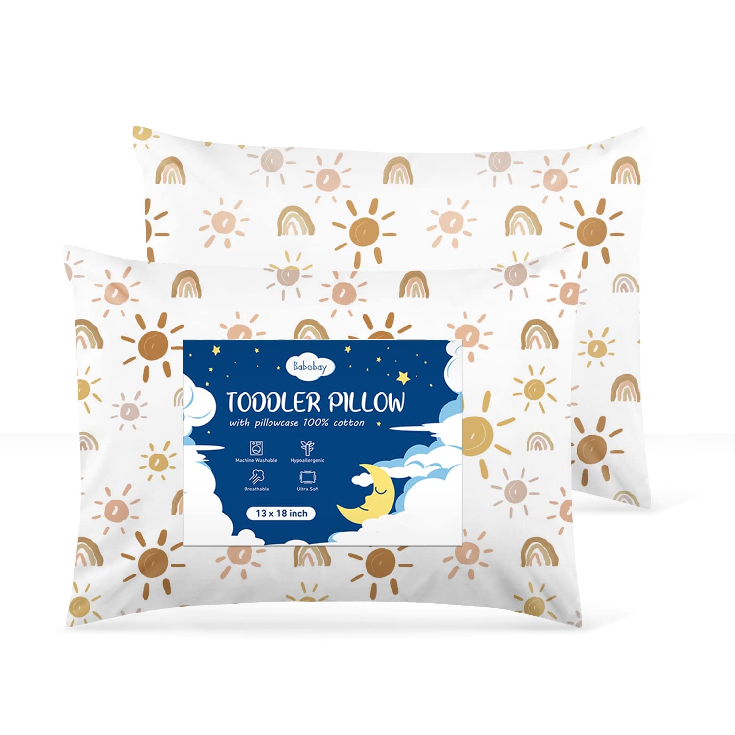 Photo 1 of 2-Pack Toddler Pillow,13X18 Cotton Toddler Pillows for Sleeping, Machine Washable Kids Pillows with Pillowcase, Perfect for Travel, Toddlers Cot (Sunny Rainbow)