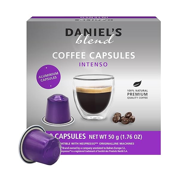DANIELS BLEND ESPRESSO ALUMINUM CAPSULES COMPATIBLE WITH NESPRESSO, 10 COFFEE PODS, INTENSO, SINGLE SERVER, KOSHER CERTIFIED